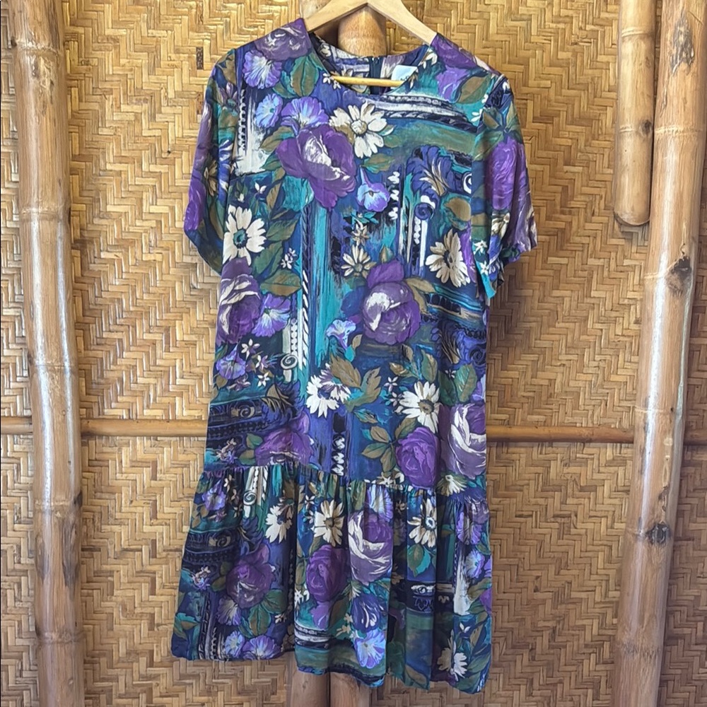 Vintage We Petites Purple and Green Floral Midi Dress small